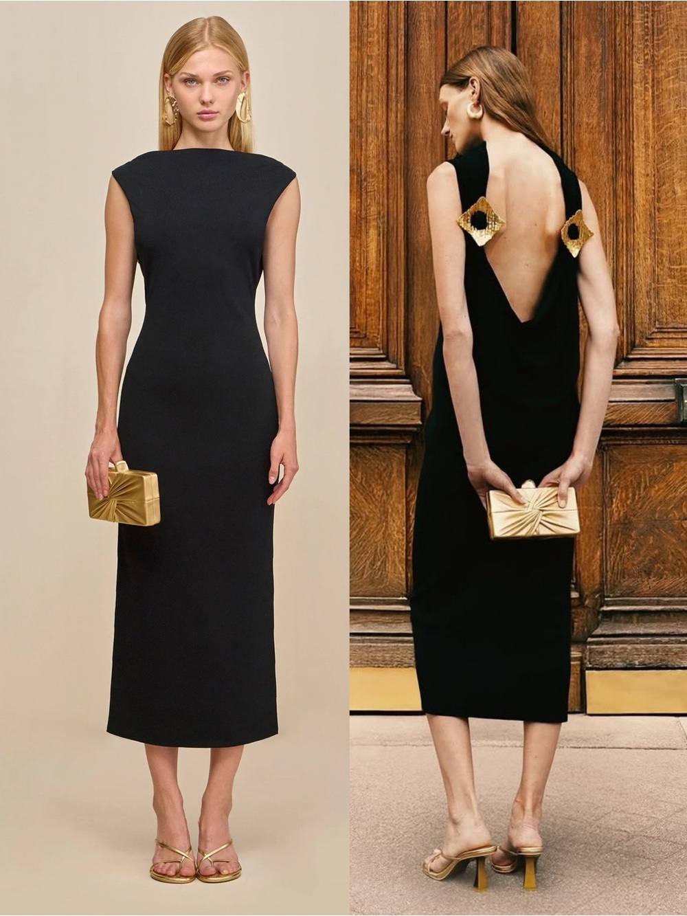 Cult Gaia Deirdre Embellished Knit Midi Cowl Back Dress Black Gold NEW with tags